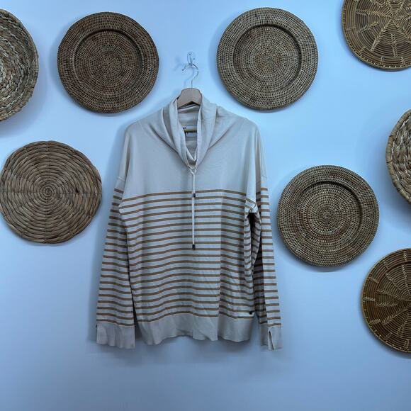 Bogner Cream Tan Striped Drawstring Cowl Neck Turtleneck Knit Sweater 12 Preppy - Picture 1 of 9
